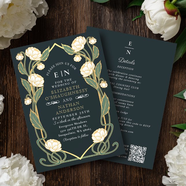 Invitación Elegant White Peony Art Nouveau QR Code Wedding (Subido por el creador)