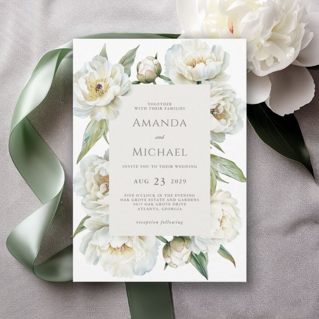 Invitación Elegant White Peony & Sage Green Floral Wedding (Available in both printed and instant download digital formats.)