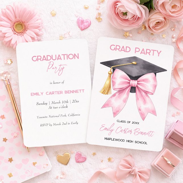 Invitación Elegant White Pink Coquette Bow Girly Graduation (Subido por el creador)