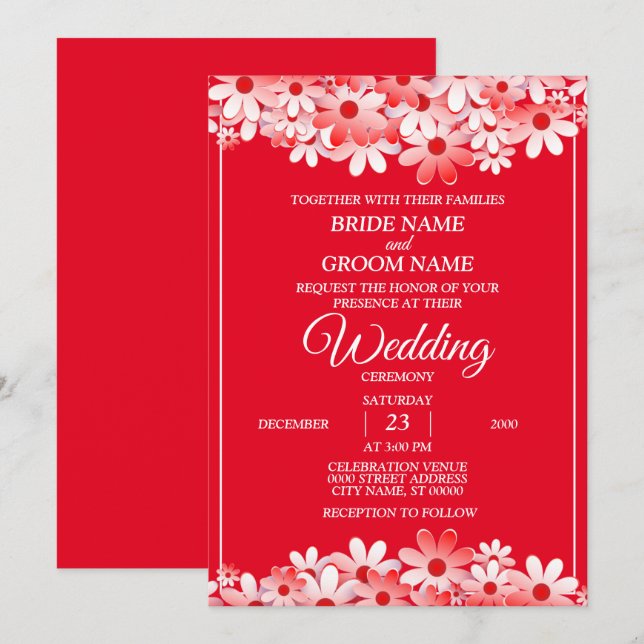 Invitación Elegant White Red Floral Wedding (Anverso / Reverso)