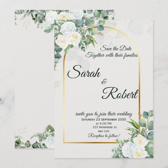 Invitación Elegant White Rose Greenery Wedding Invitation (Anverso / Reverso)