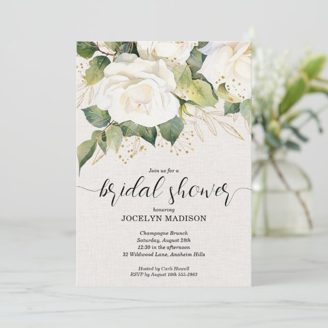 Invitación Elegant White Roses Bridal Shower (Anverso de pie)