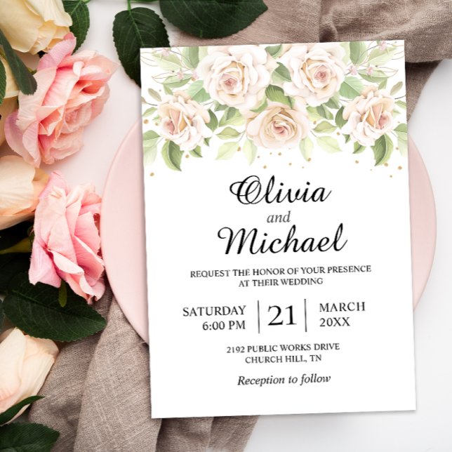 Invitación Elegant White Roses Minimalist Wedding Invitation (Subido por el creador)