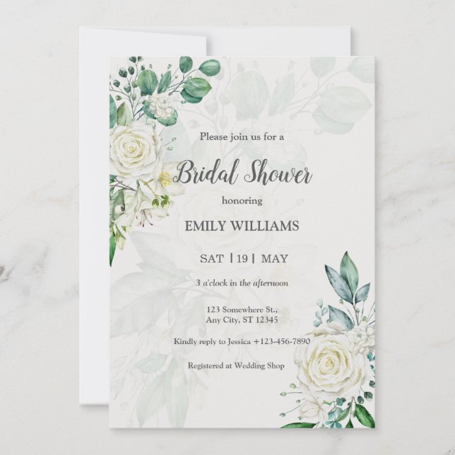 Invitación Elegant White Roses Watercolor Bridal Shower (Anverso)