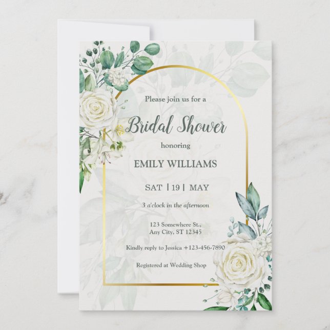 Invitación Elegant White Roses Watercolor Bridal Shower (Anverso)