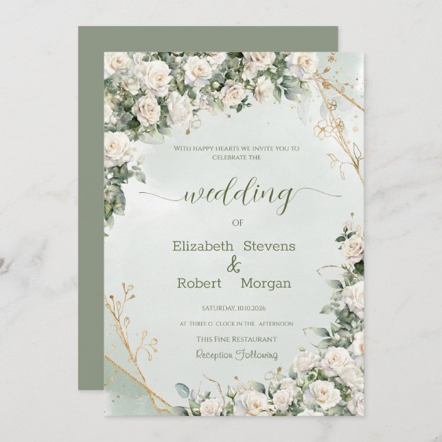 Invitación Elegant White Rosese Wedding (Anverso / Reverso)