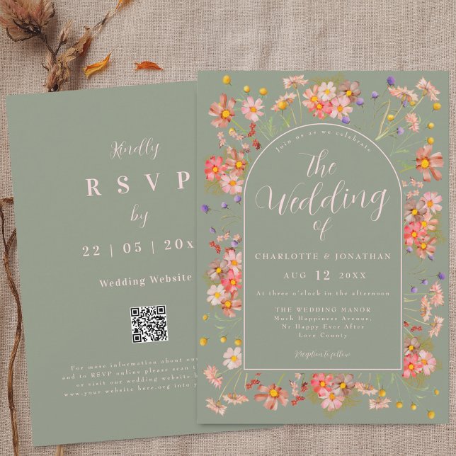 Invitación Elegant Wildflower Arch Sage Green Blush Wedding (Elegant Wildflower floral arch sage green and blush pink Wedding qr code invitation )
