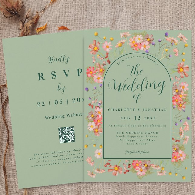 Invitación Elegant Wildflower Arch Sage Green Wedding (Wildflower elegant floral arch sage green Wedding qr code invitation Boho fall rustic meadow flowers)
