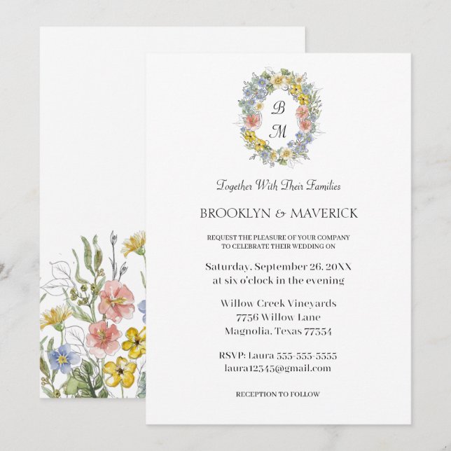 Invitación Elegant Wildflower Floral Monogram Crest Wedding (Anverso / Reverso)