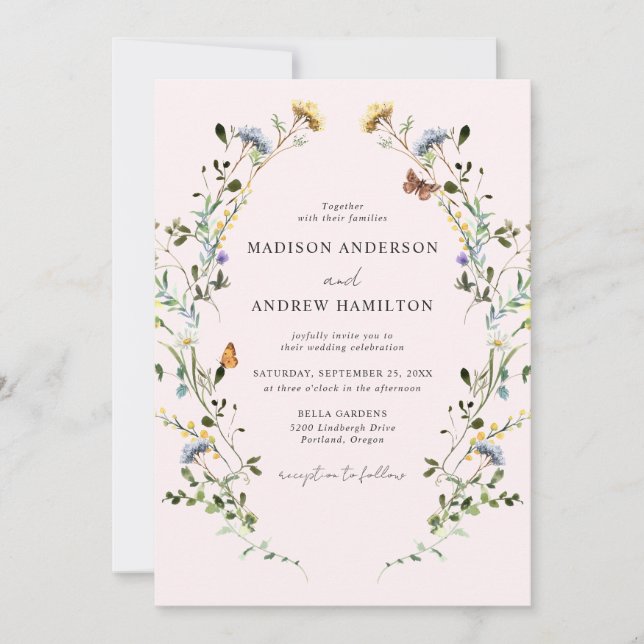 Invitación Elegant Wildflower Meadow Blush Pink Wedding (Anverso)