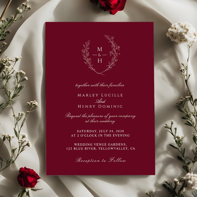Invitación Elegant Wildflower Monogram Burgundy Wedding (Subido por el creador)