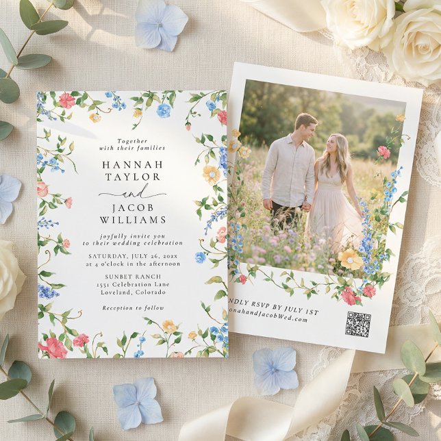 Invitación Elegant Wildflower Photo QR Code RSVP Wedding (Subido por el creador)