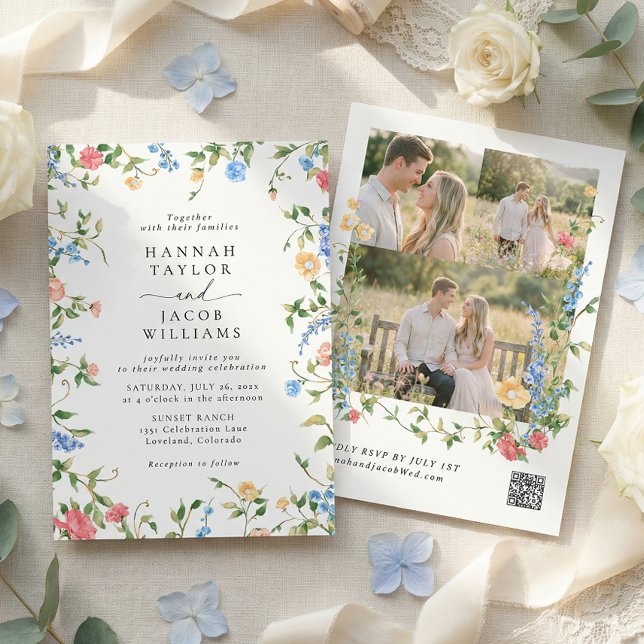 Invitación Elegant Wildflower Three Photo RSVP Wedding (Subido por el creador)