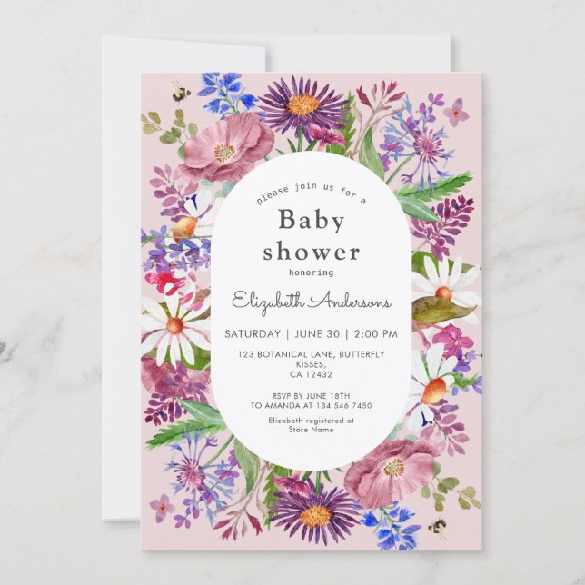 Invitación Elegant Wildflower Watercolor Girl Baby Shower (Anverso)