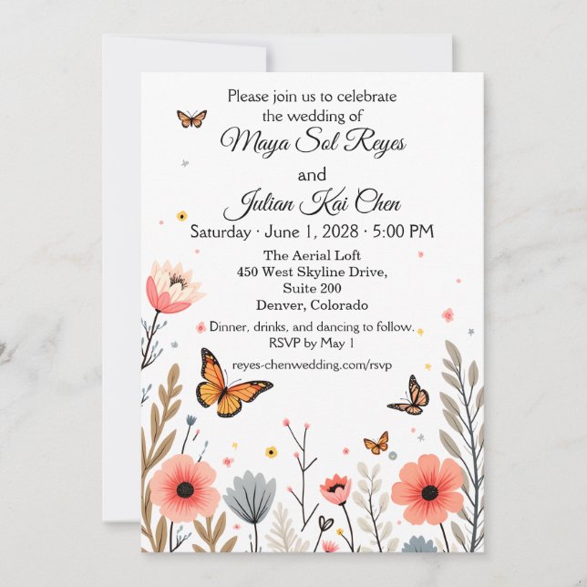Invitación Elegant Wildflowers And Butterflies Wedding  (Anverso)