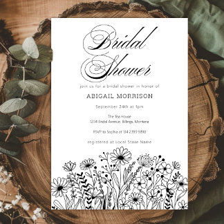 Invitación Elegant Wildflowers Black and White Bridal Shower