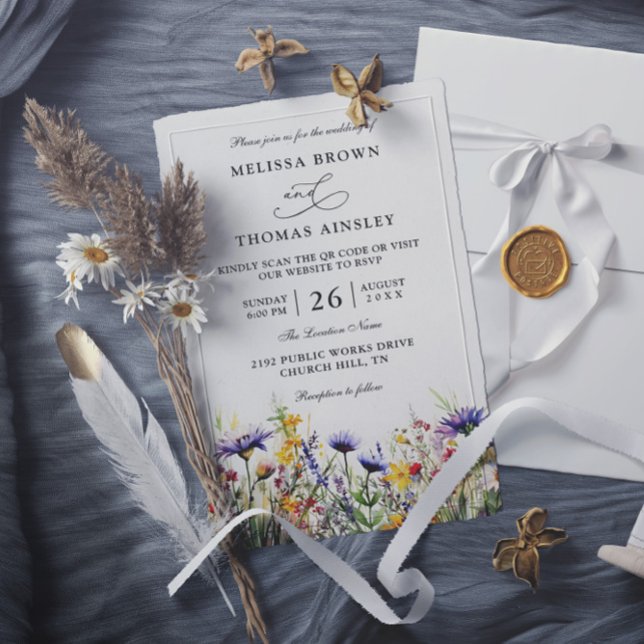 Invitación Elegant Wildflowers Rustic Budget QR Code Wedding (Subido por el creador)
