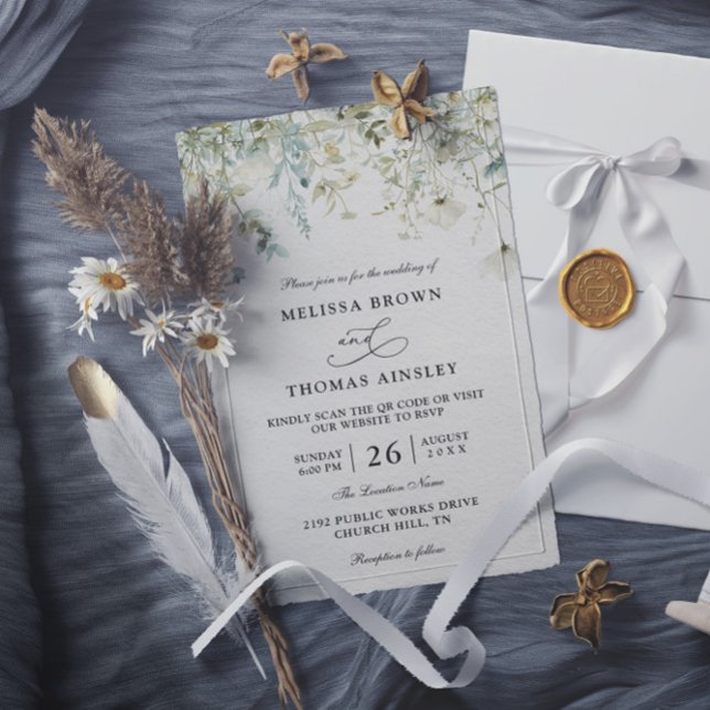 Invitación Elegant Wildflowers Rustic Budget QR Code Wedding (Subido por el creador)