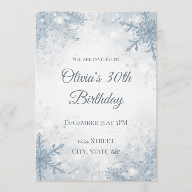 Invitación Elegant Winter 30th Birthday Invitation – Icy Snow (Anverso)