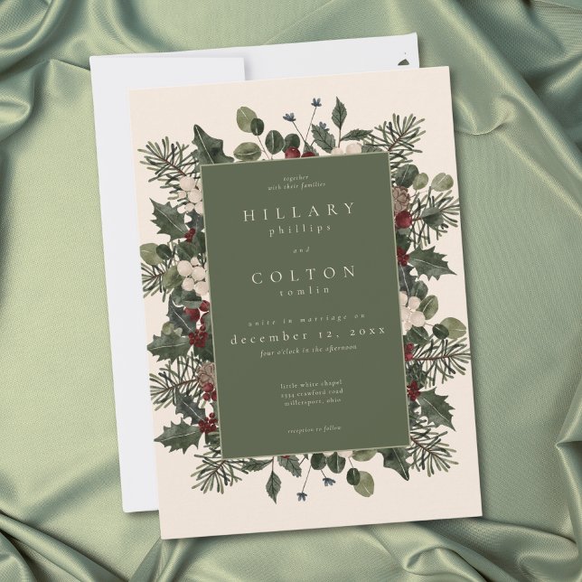 Invitación Elegant Winter Berries & Pine Ivory Wedding (Elegant Winter Berries & Pine Ivory Wedding Invitation)