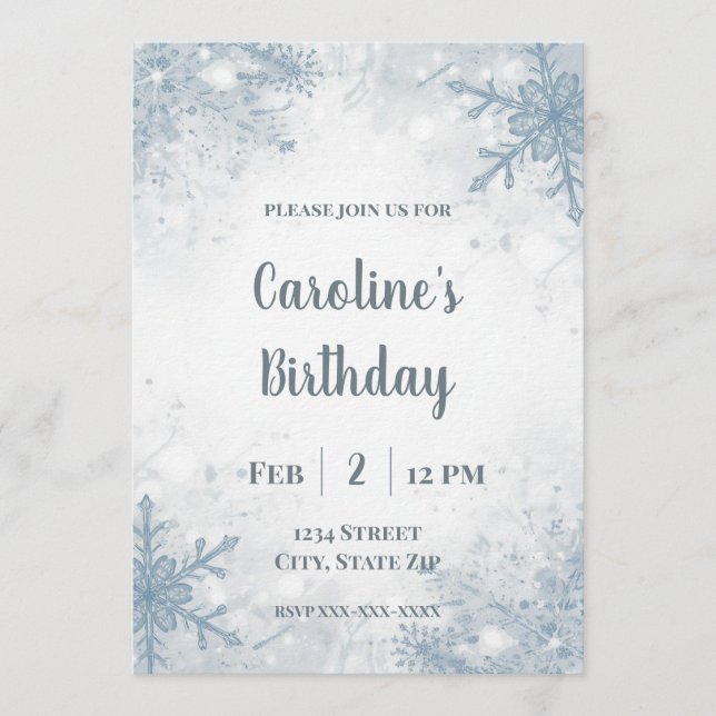 Invitación Elegant Winter Birthday Invitation – Snowflakes (Anverso)