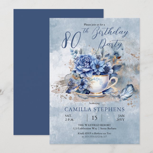 Invitación Elegant Winter Floral Teacup 80th Birthday Party (Anverso / Reverso)