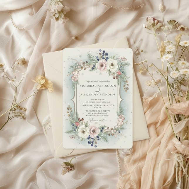 Invitación Elegant Winter Floral Wedding Invitation (winter wedding invitation showcases a soft floral wreath with blush flowers, winter greenery)