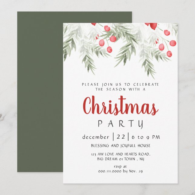 Invitación Elegant Winter Greenery Watercolor Christmas Party (Anverso / Reverso)