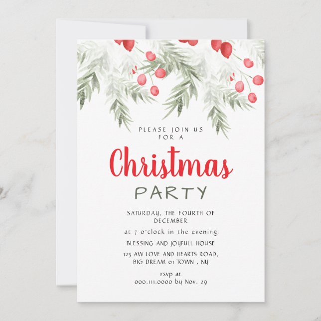 Invitación Elegant Winter Greenery Watercolor Christmas Party (Anverso)