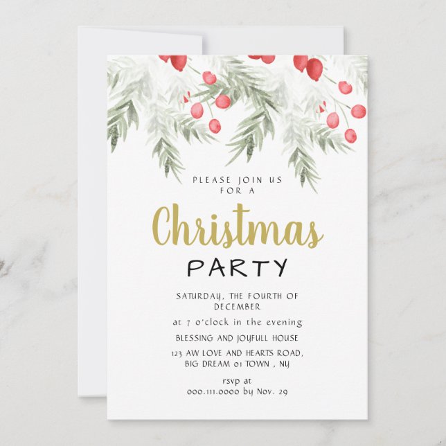 Invitación Elegant Winter Greenery Watercolor Christmas Party (Anverso)