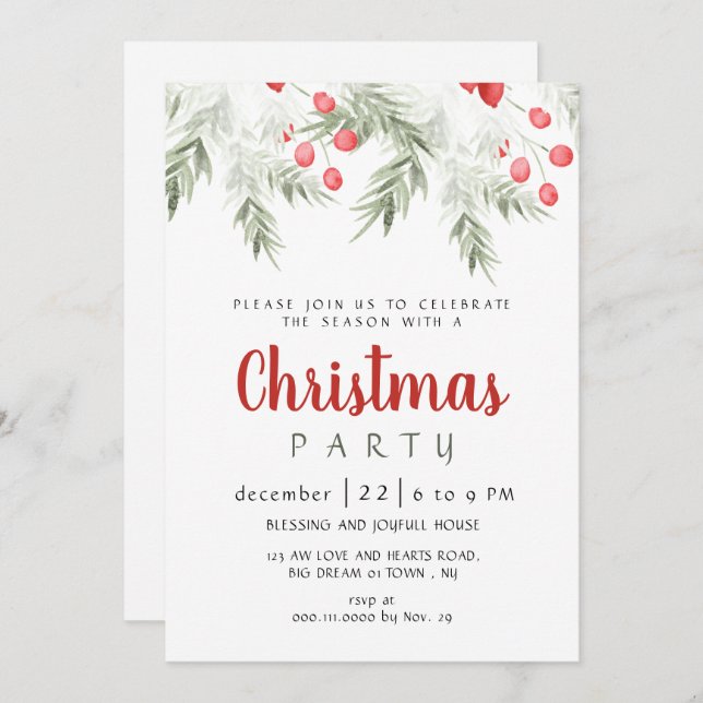 Invitación Elegant Winter Greenery Watercolor Christmas Party (Anverso / Reverso)