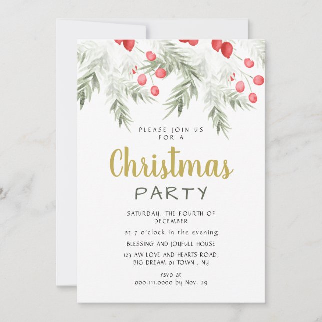 Invitación Elegant Winter Greenery Watercolor Christmas Party (Anverso)