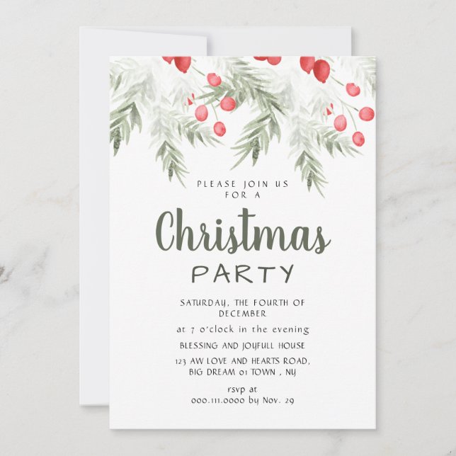 Invitación Elegant Winter Greenery Watercolor Christmas Party (Anverso)