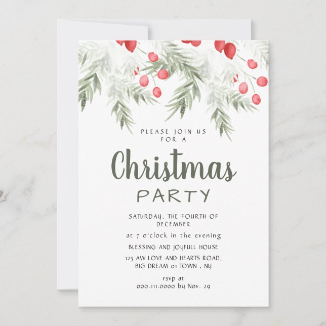 Invitación Elegant Winter Greenery Watercolor Christmas Party (Anverso)