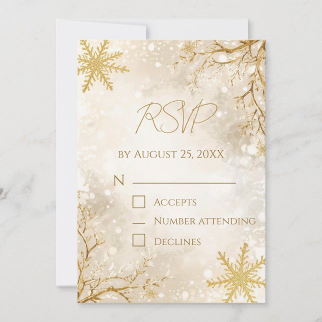 Invitación Elegant Winter RSVP Card | Ivory & Gold Snowflake (Anverso)
