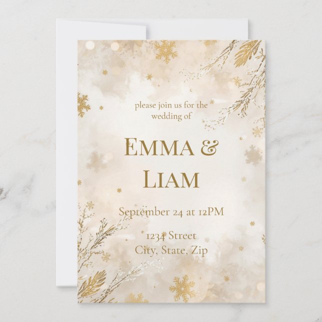 Invitación Elegant Winter Wedding Invitation | Ivory & Gold (Anverso)