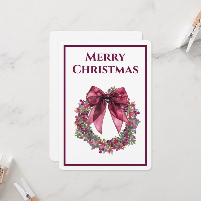 Invitación Elegant Wreath and Burgundy Bow Christmas (Anverso/Reverso In Situ)