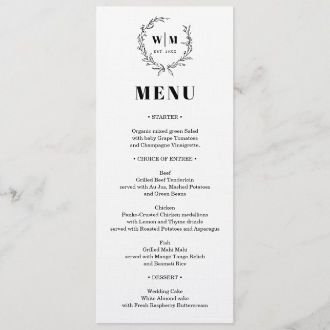 Invitación Elegant Wreath Monogram Wedding Menu (Anverso)