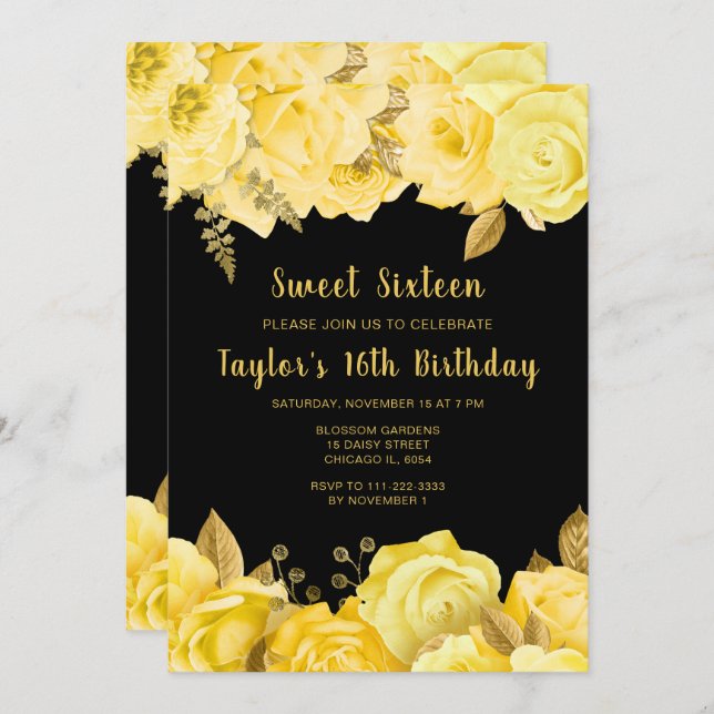 Invitación Elegant Yellow and Gold Flowers Sweet Sixteen (Anverso / Reverso)