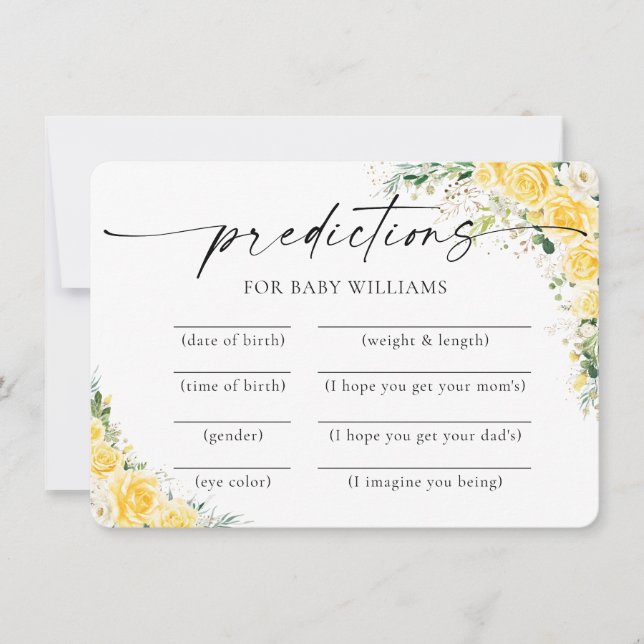 Invitación Elegant Yellow Baby Shower Predictions Card (Anverso)