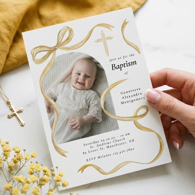 Invitación Elegant Yellow Bow Baptism Baby Photo Arch Cross  (Elegant Yellow Bow Baptism Baby Photo Arch Cross Invitation)