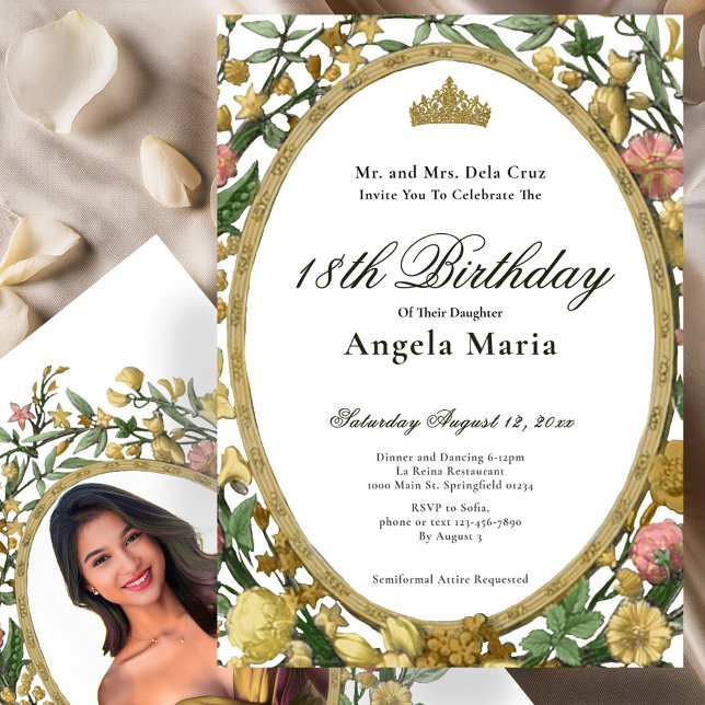 Invitación Elegant Yellow Gold Floral 18th Birthday Debut (Subido por el creador)