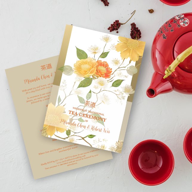 Invitación Elegant Yellow & Orange Shades Floral Chinese Tea  (Elegant Yellow & Orange Shades Floral Chinese Tea Ceremony and Wedding Invitation with Envelope.)