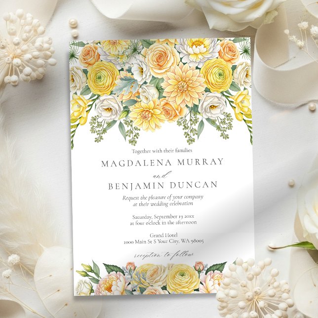 Invitación Elegant Yellow Peach & Sage Green Floral Wedding (Subido por el creador)