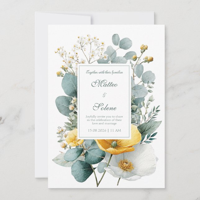 Invitación Elegant Yellow White Poppy Eucalyptus Watercolor (Anverso)