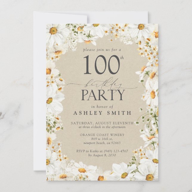 Invitación Elegante 100.ª acuarela Floral Daisy Cumpleaños (Anverso)