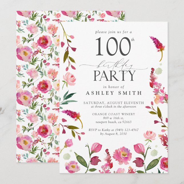Invitación Elegante 100.ª acuarela rosa Cumpleaños Floral (Anverso / Reverso)