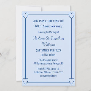 Invitación Elegante 10 Aniversario Corazones románticos azul