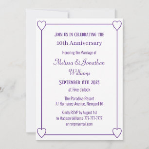 Invitación Elegante 10° Aniversario Corazones románticos mora
