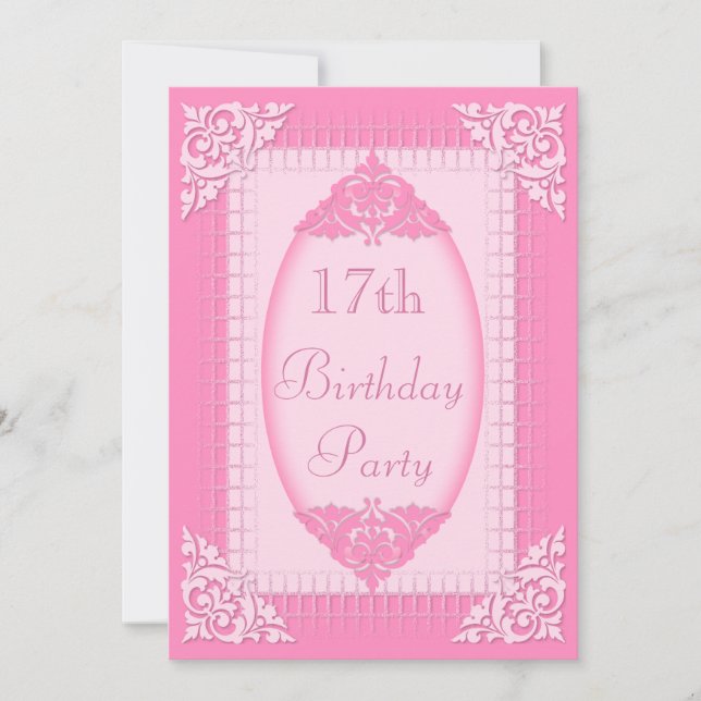 Invitación Elegante, 17 cumpleaños Girly Pink (Anverso)